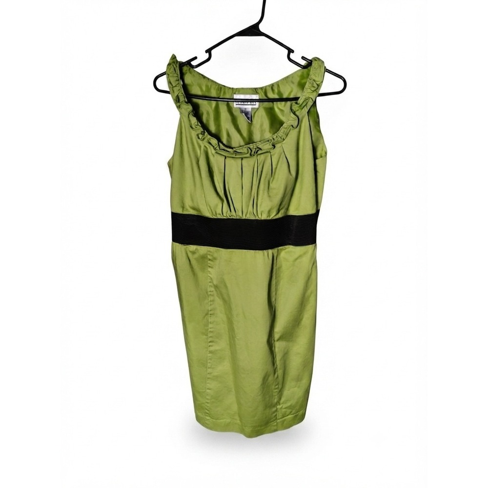 Robbie Bee Womens Lime Green Ruffle Neck Sheath Dress Black Waistband Size 10